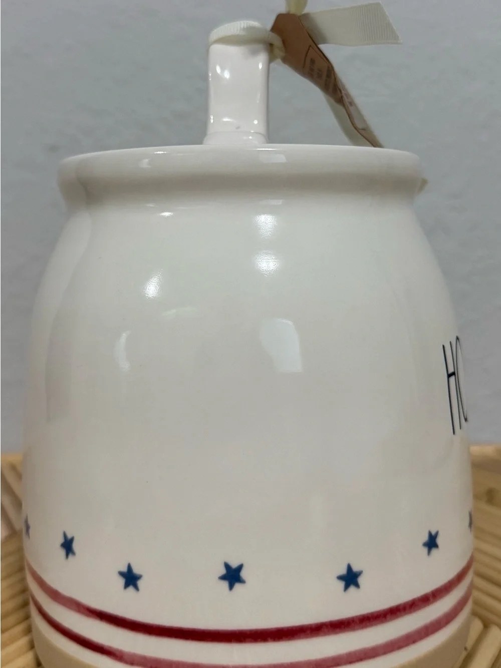 Rae Dunn  HOMEMADE Ceramic Canister Patriotic Red Stripes Blue Stars Lid 16 oz